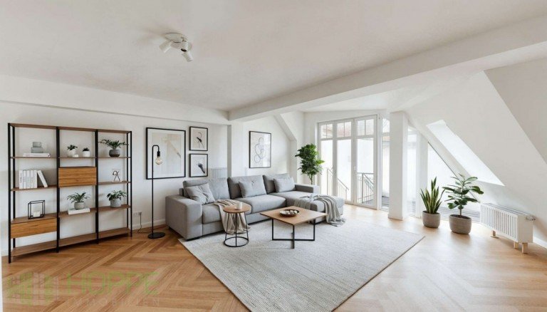 Wohnzimmer Perspektive 1 - (Einrichtungsbeispiel KI generiert) Berlin - Berlin - Friedrichshain-Kreuzberg - Friedrichshain Dachgeschosswohnung Simon-Dach-Kiez - Sofortbezug - Exklusive Dachgeschosswohnung in begehrter Lage von Friedrichshain