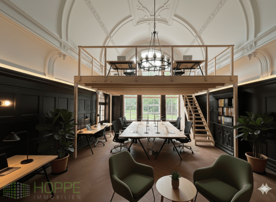Coworking mit Zwischengeschoss(Einrichtungsbeispiel KI generiert) B�rofl�che Ludwigsfelde